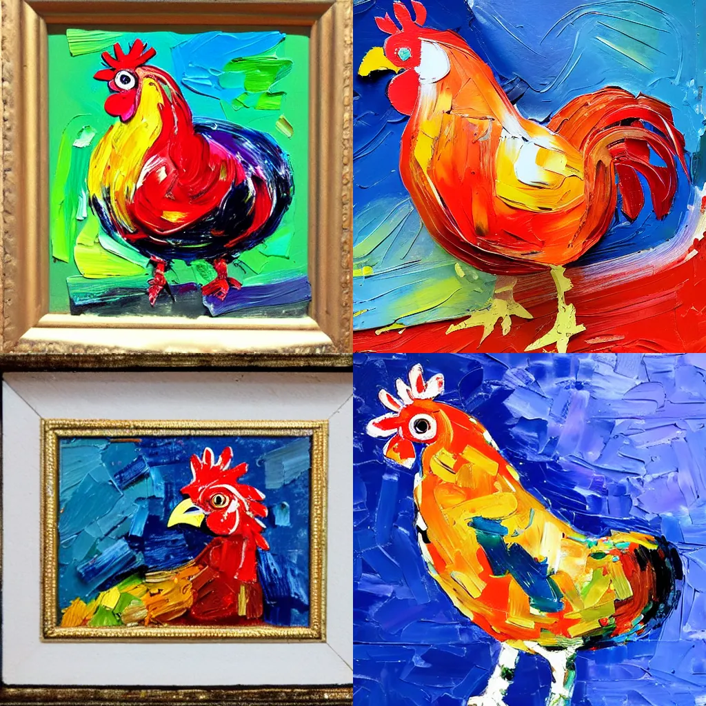 Prompt: Cockerel painted with palette knife, heavy impasto