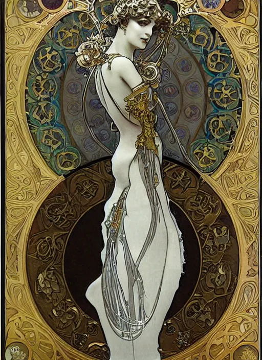 Image similar to Goth girl, fractal silver and gold sculpture by Alphonse Mucha