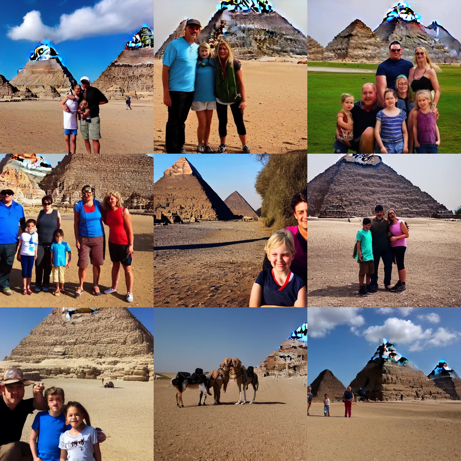 Prompt: a family photo from my coach trip to see the pyramids