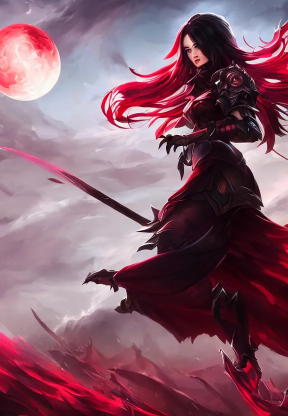 Image similar to a beautiful fierce long black haired woman wearing red dress wielding black sword posing heroically, heavenly moonlit clouds background, close up shot, league of legends style, splash art, highly detailed, vray, artstation, extremely detailed woman, stunning volumetric lighting, hyper realism, fantasy 4k