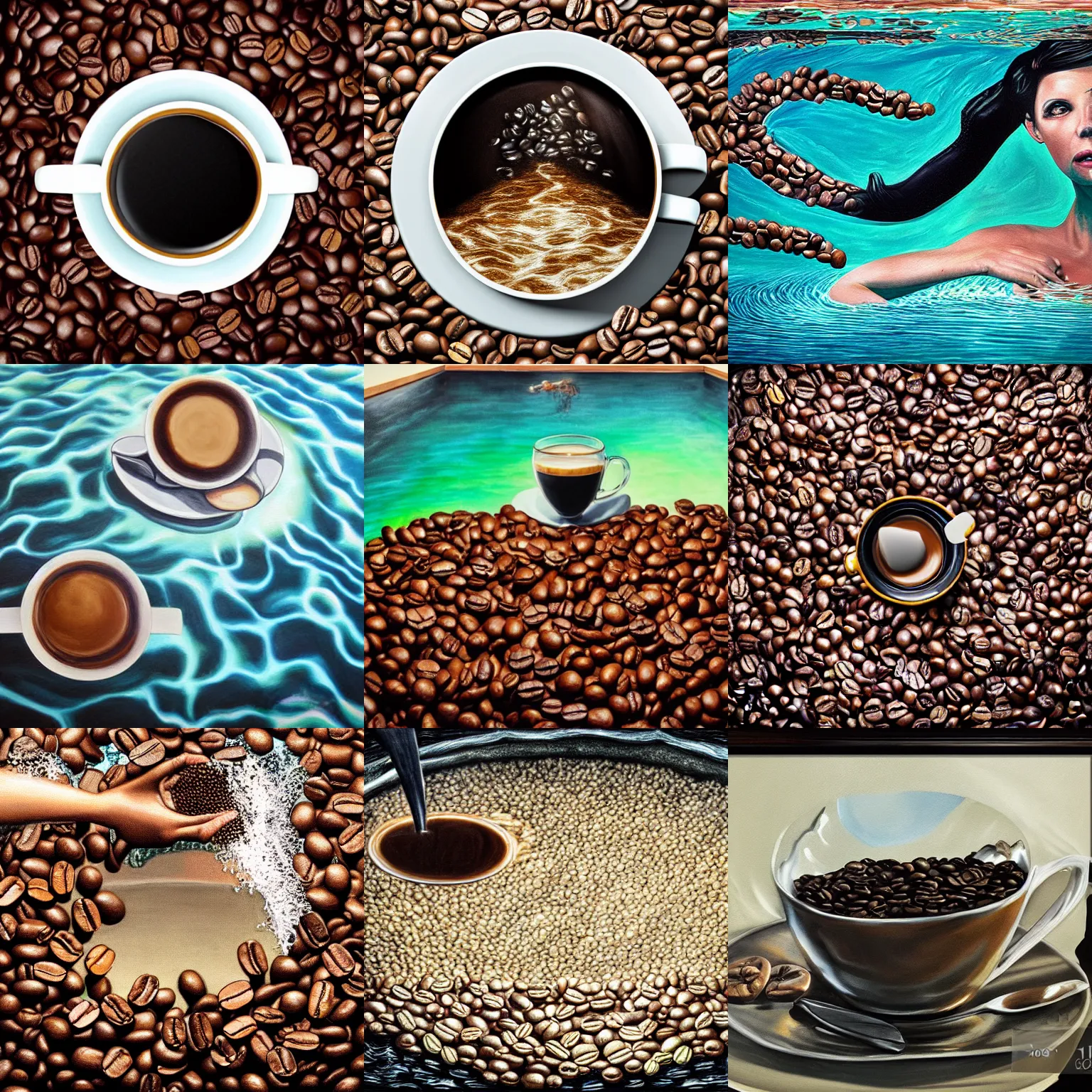 Prompt: Swimming in a pool of coffee, photorealistic surrealist painting, black water, coffee beans