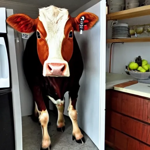 Image similar to photo of a kitchen with an entire cow in the fridge