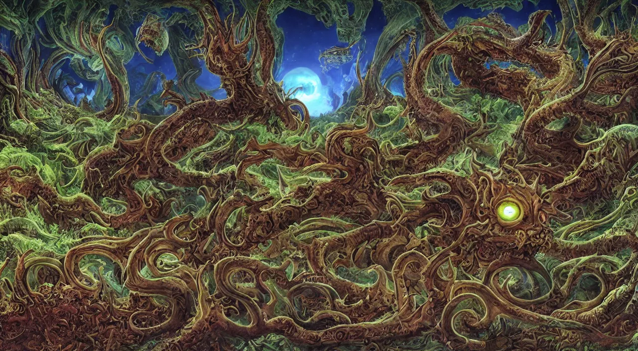 Prompt: a mythical beast with long horns and spikes on its back. huge razor claws and fiery vortex eyes in a mystic cosmic labrynth, by roger dean, by robert hubert, by laurie lipton, detailed, realistic shadows, volumetric lighting, alien, jungle, temple ruins, rendered in lumion, matte painting