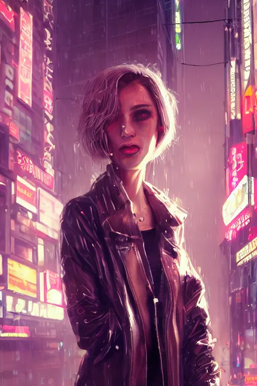 Image similar to beautiful portrait of a tall white female anthro fox smoking a cigarette towering head and shoulders above the bustling crowd of a rainy city street around her, cyberpunk clothes, cyberpunk, harsh neon lights, highly detailed, sharp focus, digital painting, illustration, trending on artstation, art by sakimichan, wlop, greg rutkowski
