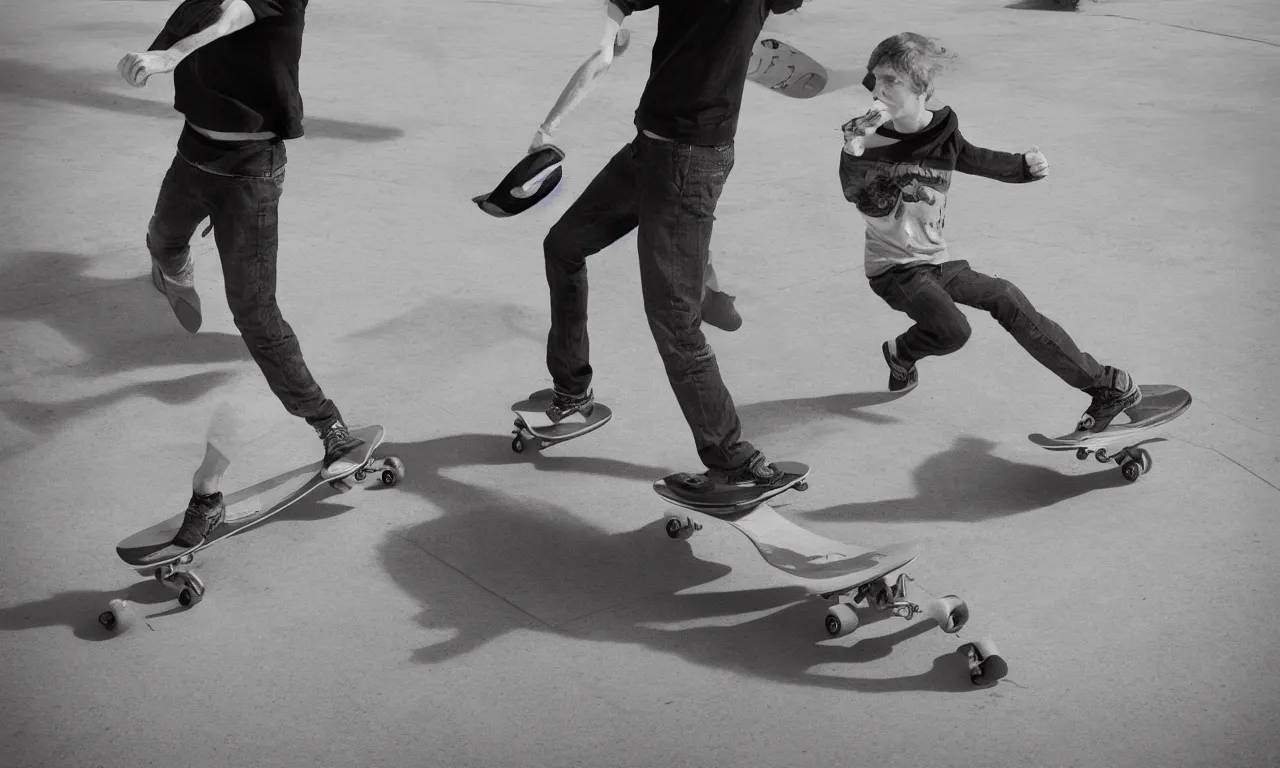 Prompt: Michel Cera shaking his fist at a skateboard, epic composition, photo realistic, artstation,