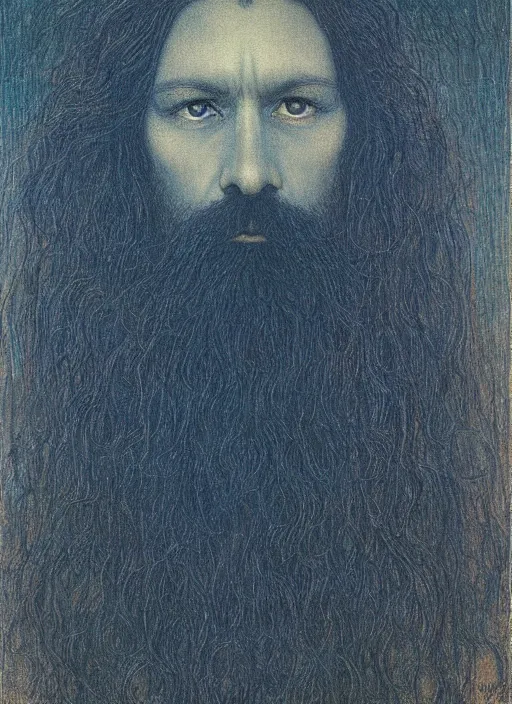 Image similar to portrait of an unkle blue moon with long black hair and beard, by jean delville