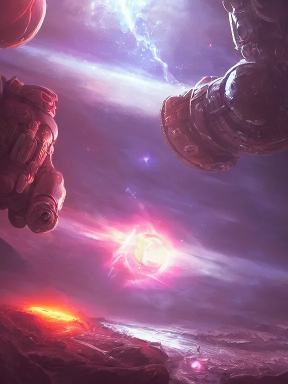 Prompt: a beautiful hyper realistic detailed matte painting showing kirby from the game kirby as a space warlord, dramatic lighting, dynamic lighting, cinematic lighting, by nintendo and darek zabrocki, retrowaves, featured on artstation