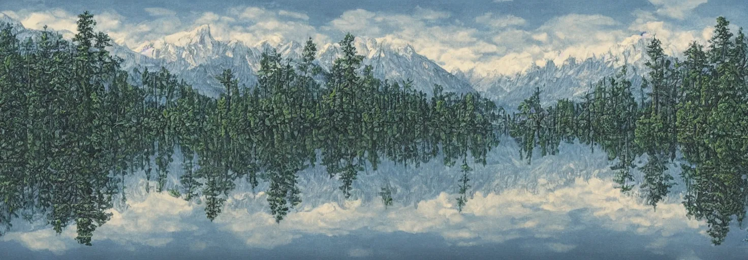 Image similar to escher painting of a lake, big trees reflecting on lake surface, mountains at background, snowy, ultra sharp, ultra detailed, colorized by salvador