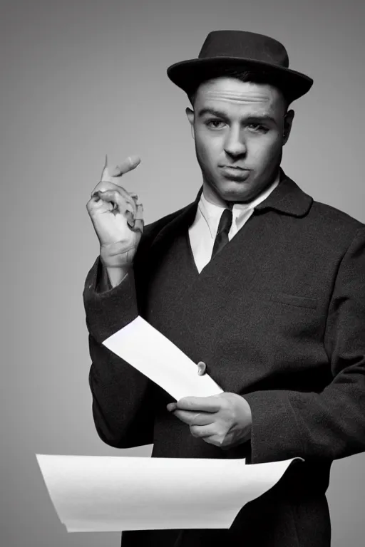 Image similar to a 5 0's detective holding papers in his hand