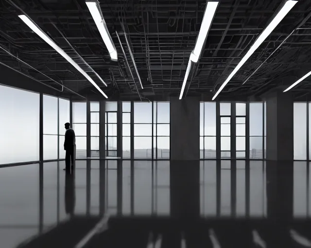Image similar to an empty office with the lights off. all the workers are standing up, staring ahead blankly. a tall shadowy shape moves in the background. HD digital matte painting.