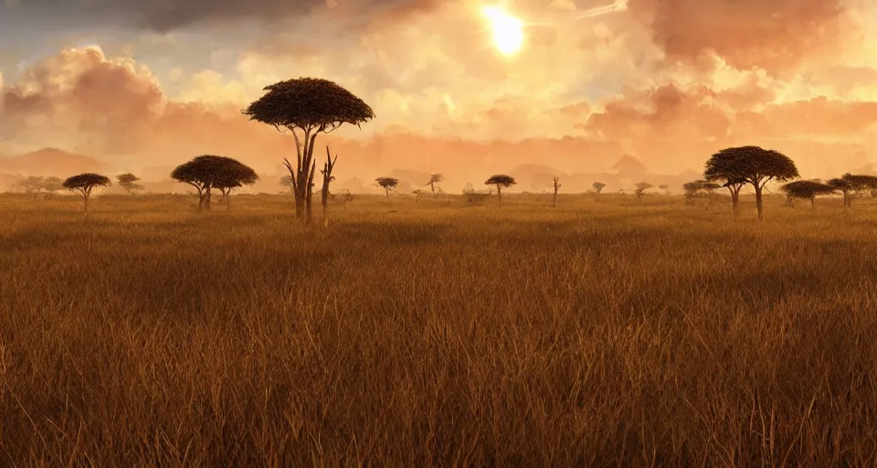 Prompt: distant cyberpunk wildlife on the african plains, long grass, acacia trees, sparkling water, glistening, dramatic clouds, sunny, golden hour, extreme weather, hyper realistic, hyper detailed, digital art, trending in artstation, cinematic lighting, vibrant, studio quality, smooth render, unreal engine 5 rendered, octane rendered, by jesper ejsing, wlop, paul lehr