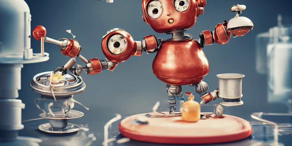 Prompt: closeup portrait of tin toy retro robot chef cooking pastry in a chemical lab, depth of field, zeiss lens, detailed, centered, fashion photoshoot, by nicoletta ceccoli, mark ryden, lostfish, breathtaking, 8 k resolution, extremely detailed, beautiful, establishing shot, artistic, hyperrealistic, octane render