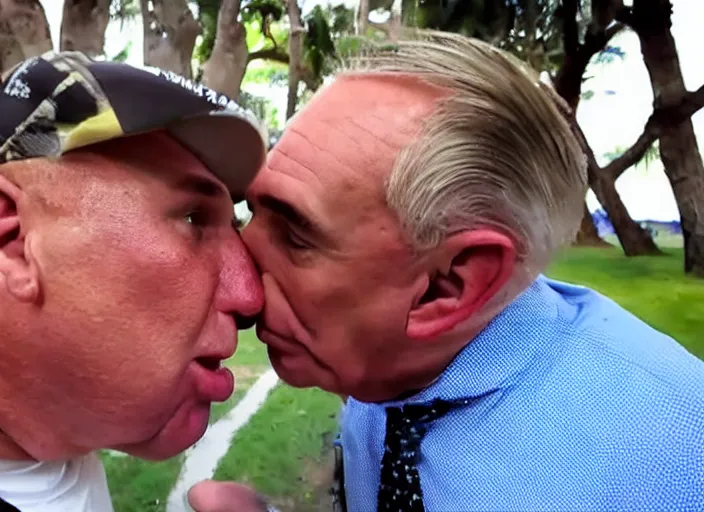 Image similar to highly detailed ultra realistic gopro shot of alex jones smooching roger stone