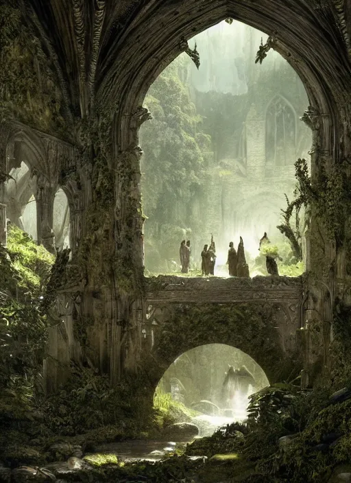 Image similar to medieval adventurers in lord of the rings scenery landscape, inside an enormous overgrown cathedral, stream, treasure, reflections, portal to another dimension, highly detailed, cinematic lighting, perfect composition, 4 k, gustave dore, derek zabrocki, greg rutkowski, belsinski, octane render