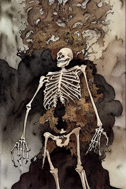 Image similar to a simple and atmospheric watercolour portrait of a skeleton king on halloween, very muted colors, by rebecca guay, michael kaluta, charles vess and jean moebius giraud