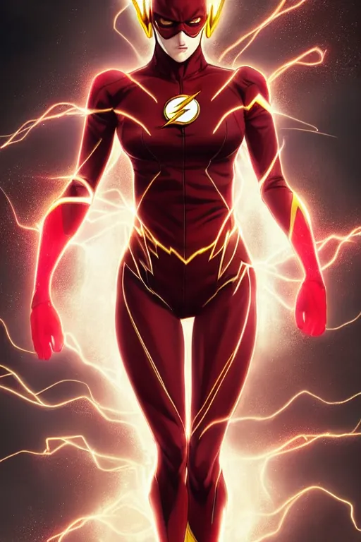 Image similar to anime key visual of a beautiful female the flash!! intricate, red, black, gold suit, powers, speed, lightning hate, dc comics, cinematic, stunning, highly detailed, digital painting, artstation, smooth, hard focus, illustration, art by artgerm and greg rutkowski and alphonse mucha