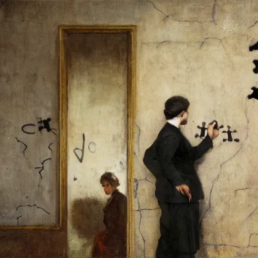 Prompt: a young man and a young woman solving an escape room puzzle, mysterious markings on the wall, by alfred stevens