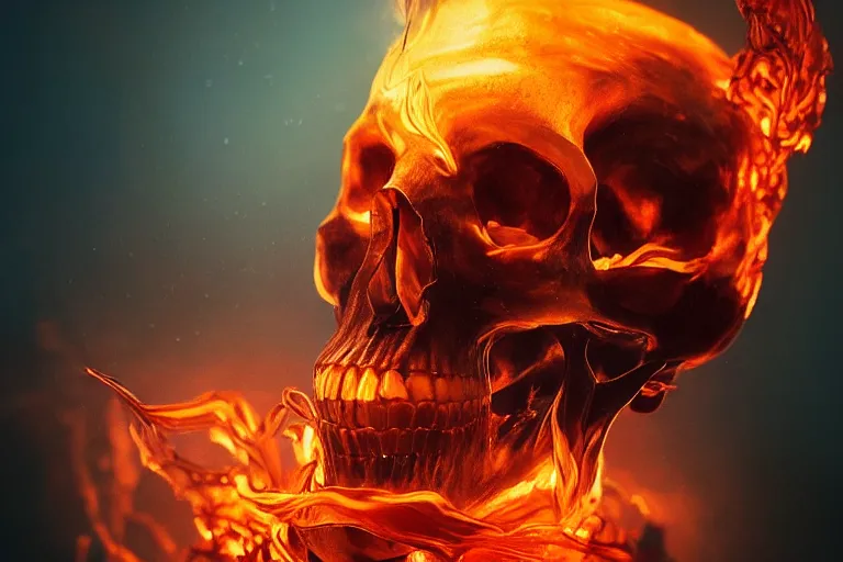 Image similar to human skull enveloped in a liquid flame simulation, fiery tendrils, glowing highlights, intricate, cinematic, hyper realism, 8k, depth of field, bokeh, iridescent accents, artwork by Tooth Wu and wlop and greg rutkowski