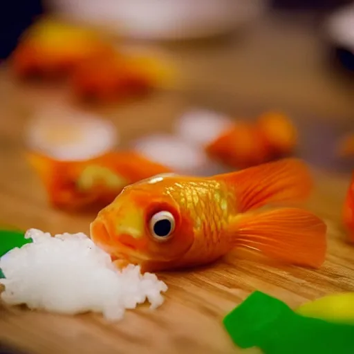 Image similar to high resolution photo of goldfish, michelin star, very tasty, food photography, instagram, trending