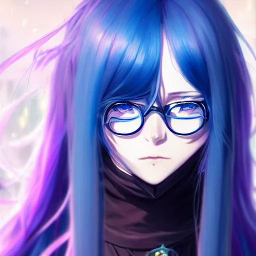 Prompt: attractive long blue - haired girl with bangs gothic magical girl anime character with glasses screenshot anime, shame focus, intricate, illustration, cell shaded, digital painting, highly detailed, concept art, matte, art by ilya kuvshinov and kyoto animation and wlop, anime character by league of legends, riot lol, and greg rutkowski, studio quality, masterpiece