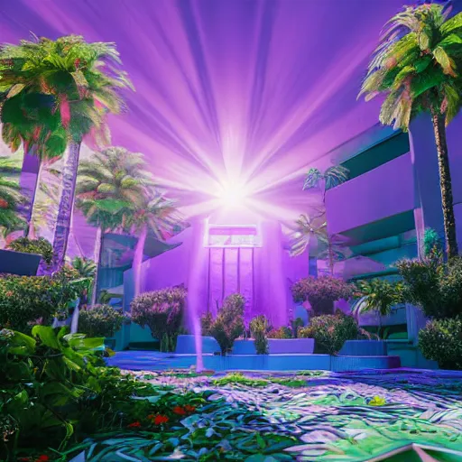 Image similar to vaporwave oasis, high detail, rendered in unreal engine, 3d render, god rays, volumetric lighting, award winning, vegetation