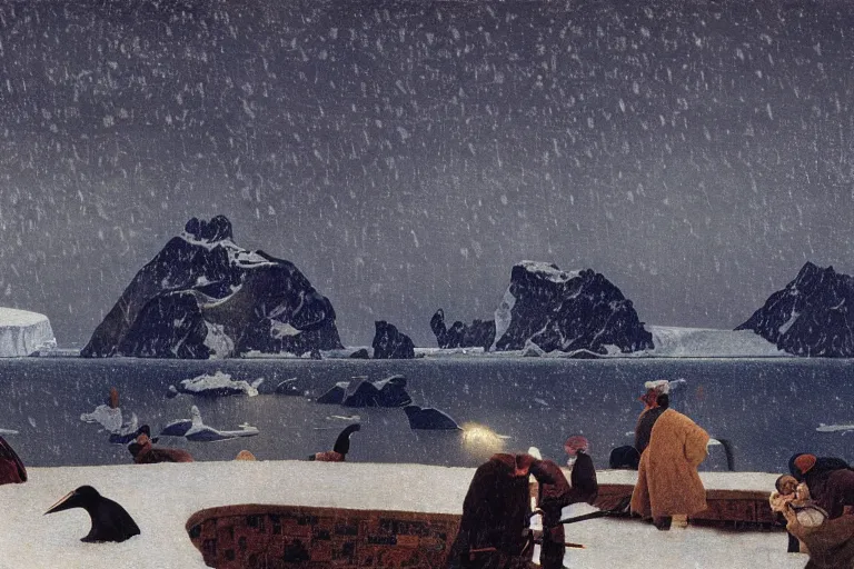 Prompt: painting of of antarctic at night, raining, romantic, by ludwig deutsch and maxfield parrish, patterned tilework, extremely detailed, cinematic lighting, smooth sharp focus