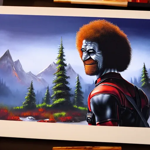 Image similar to a closeup photorealistic photograph of bob ross working on a canvas painting of deadpool. film still. brightly lit scene. mountains and trees. this 4 k hd image is trending on artstation, featured on behance, well - rendered, extra crisp, features intricate detail, epic composition and the style of unreal engine.