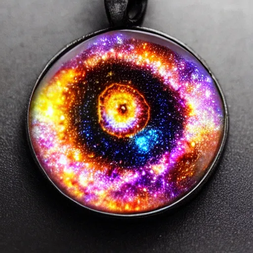 Prompt: close up on a pendant containing a galaxy full of life, 8k, macro lens, surrealistic art, vivid colors