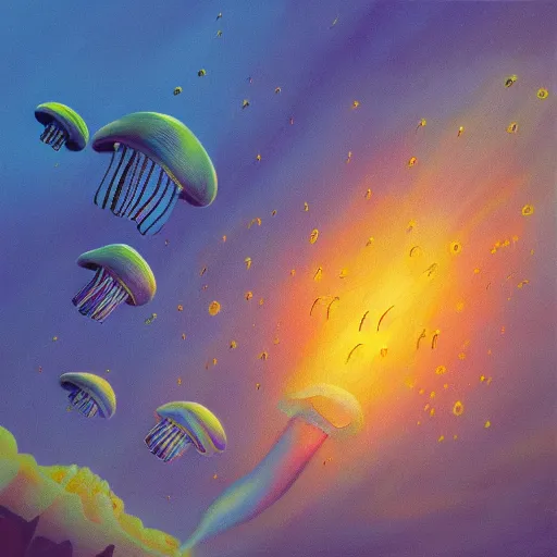 Image similar to a beautiful painting of a group of jellyfish fly in sunset by Angus Mckie, Trending on artstation