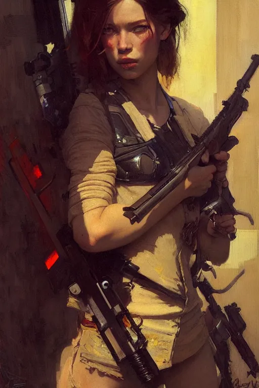 Image similar to portrait max mad cyberpunk, girl with a rifle character design, painting by gaston bussiere, katsuya terada, nc wyeth, greg rutkowski, craig mullins, vermeer, frank frazetta, tom of finland, trending on artstation, jeffery catherine jones