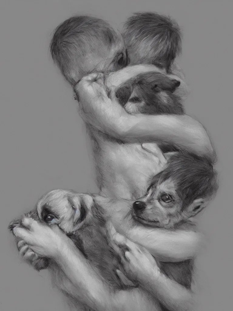 Image similar to boy hugging puppy by disney concept artists, blunt borders, rule of thirds