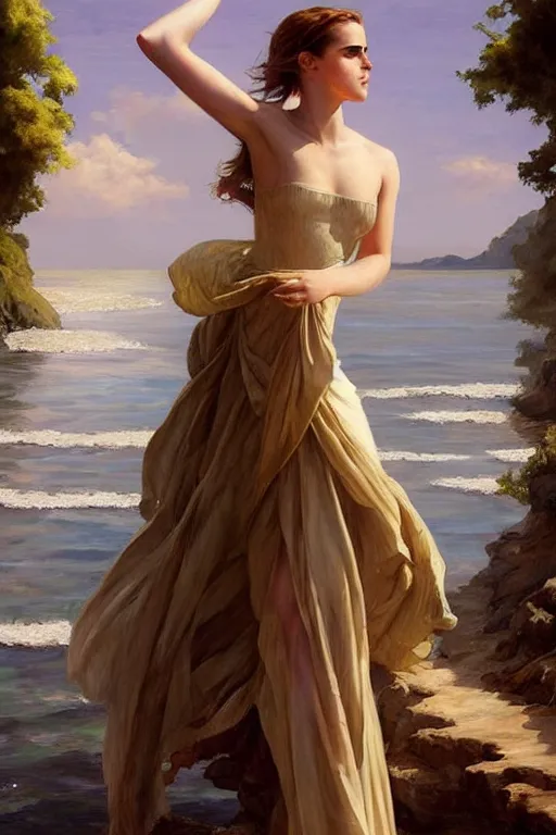 Image similar to a beautiful emma watson wearing a dress emerging from the water, oil on canvas, sensuality, artstation, by j. c. leyendecker and edmund blair leighton and charlie bowater, instagram photo