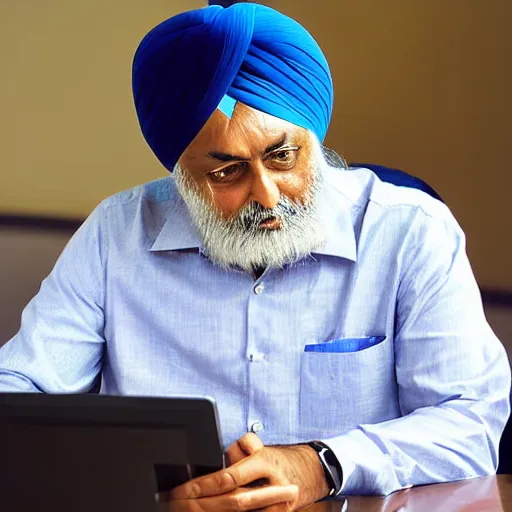 Prompt: Inderjit gill sitting at a computer looking lost, photograph, high quality