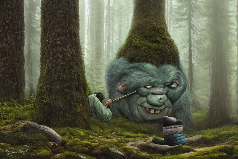 Image similar to huge troll in a swedish forest, very low angle photograph, very detailed, trending on artstation, realistic, soft colors, illustration by john bauer, simon stålenhag