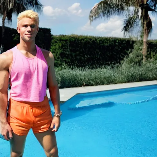 Prompt: a handsome man with blonde hair, ken, who is a male android, muscular, wearing a cut - off pink top and short light orange shorts, stands by a swimming pool