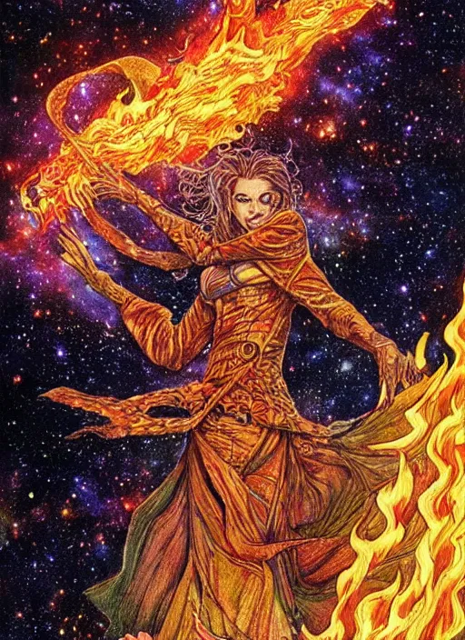 Image similar to high intricate colored ink drawing of the sandman holding a glimmering fire - galaxy, full shot, neil gaiman, maria panfilova, andrea savchenko, mike kime, ludovic plouffe, qi sheng luo, oliver cook, julian calle, eddie mendoza, trending on artstation