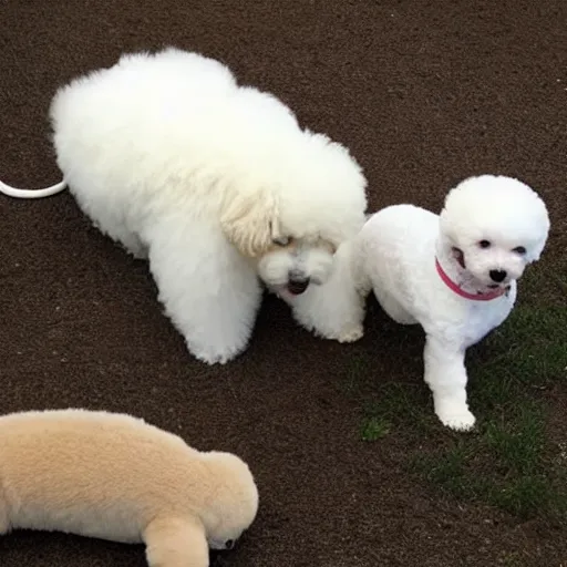 Image similar to bichon puppy playing with a baby platypus