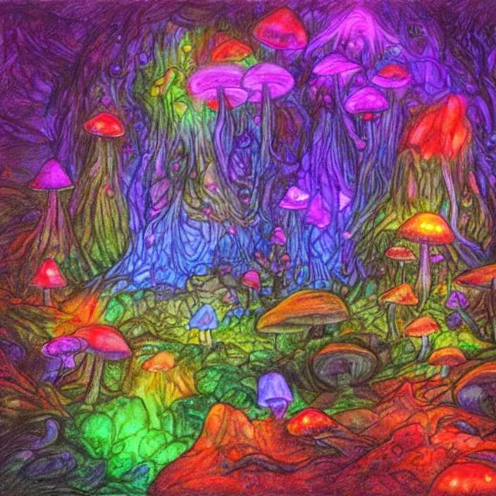 Prompt: a large cave lit by glowing mushrooms, colorful crystals grow from the ground, drawn with colored pencils, gloomy mood, highly detailed