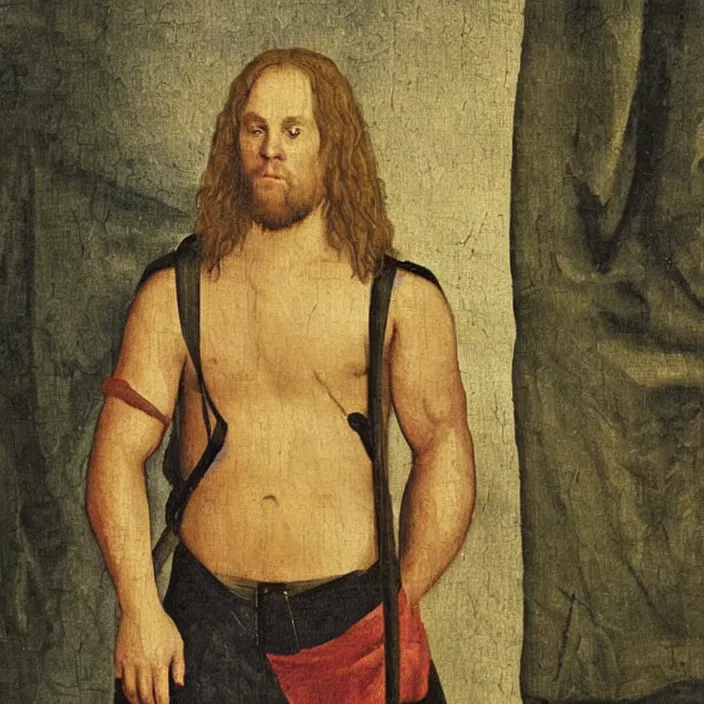 Image similar to hurley from tv show lost, early netherlandish painting