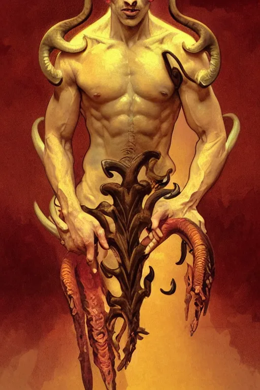 Image similar to portrait of a beautiful young fit male demon with ram horns, scaly torso, goat legs, hellish scene, by greg rutkowski and alphonse mucha, d & d character, gradient red to yellow, in front of an hellish landscape background, highly detailed portrait, digital painting, artstation, concept art, smooth, sharp focus ilustration, artstation hq