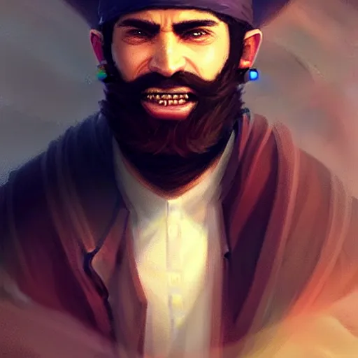 Image similar to a happy merchant jew wearing kippah!!!, evil, tricky, black curly beard, black curly hair, black eyes, hooked nose, by greg rutkowski, artstation, by artgerm, by wlop