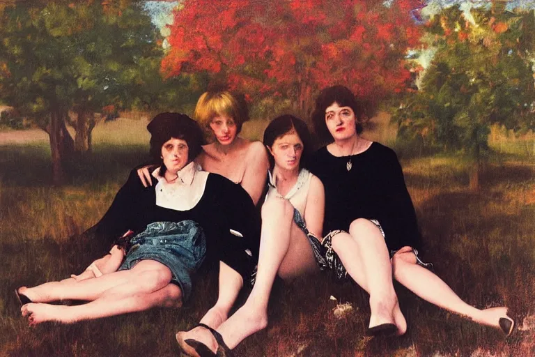 Prompt: beautiful painting of friends, beautiful faces, sitting on the edge, cute, soft light, by diane arbus