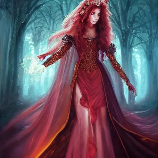 Image similar to Fantastic, fairytale, portrait, painting, beautiful!, female mage!, long flowing red hair, flames emitting from fingertips, ornate gown, smoldering, serious, royalty kingdom, royal court, hyperreal, photoreal painting, dungeons and dragons