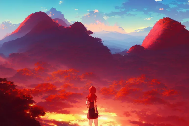 Prompt: red lush mountainscape, with two suns in the sky, two sunsets, by makoto shinkai an krenz cushart