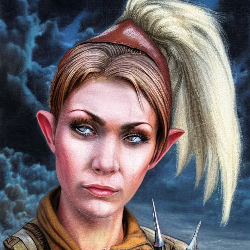 Image similar to close up headshot of a skinny female high-fantasy elf with a long face narrow chin and short spiky blonde hair wearing dark brown overalls and holding a bomb next to a destroyed car, gel spiked blond hair,narrow lips, high resolution film still, HDR color, painting by Gerald Brom