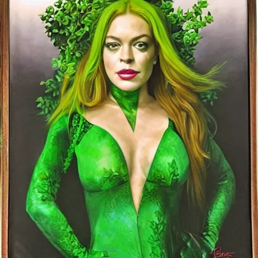 Prompt: portrait of lindsay lohan as poison ivy, wearing a green dress and floral growths, epic details by alex ross