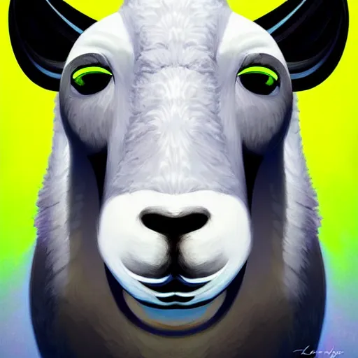 Image similar to pixar character, wolve in sheep's clothing, neon accents, holographic colors, desaturated headshot portrait digital painting by leyendecker,