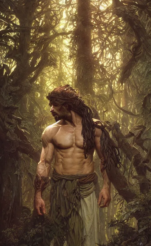 Prompt: god of the forest, 3 0 years old, rugged, handsome, male, detailed face, clean lines, atmospheric lighting, amazing, full body, flowers, muscular, intricate, highly detailed, digital painting, artstation, concept art, sharp focus, illustration, art by greg rutkowski and alphonse mucha