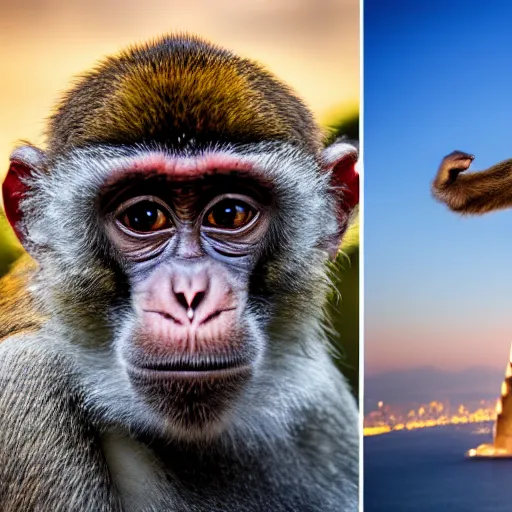 Image similar to high quality portrait of a monkey in front of Christ The Redeemer, studio photograph, photograph, realistic photo, 8k photo, 4k photo, stock photo, high resolution, cinematic shot, high detail