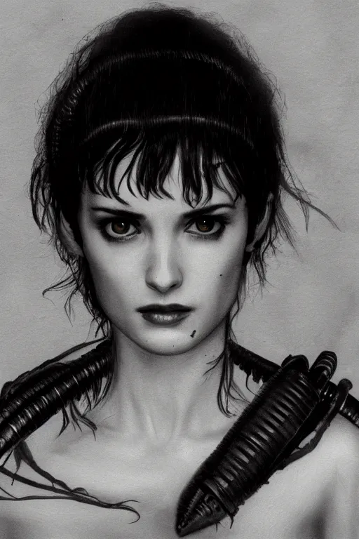 Image similar to beautiful young winona ryder from alien with xenomorph by h.r. giger, detailed, proportional, trending on art station, 4k